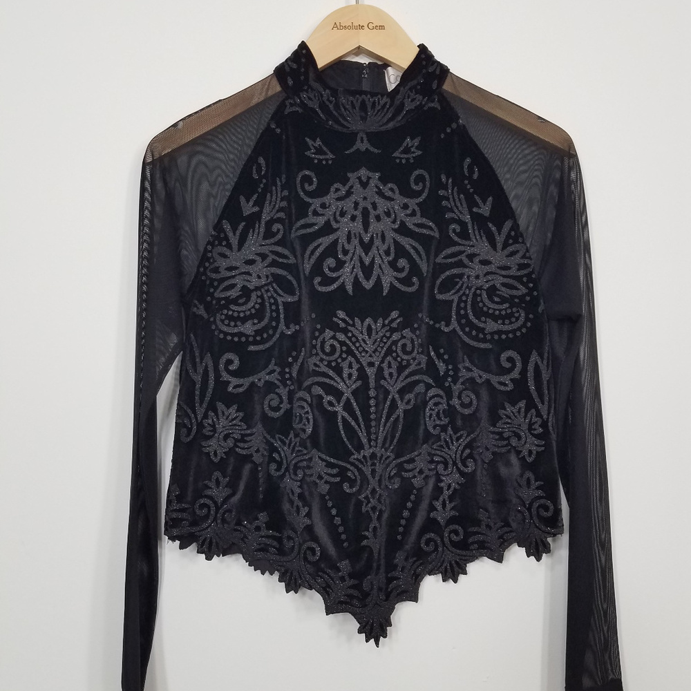 NWT Conrad C Collection Black Velvet Sheer Embellished Indie Sleeze Top shirt M